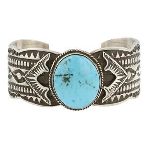 Sterling Silver Turquoise Cuff Bracelet By Freddie Maloney Native Navajo Signed